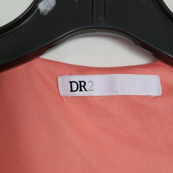 DR2 Coral Pink Floral Faux Wrap Flutter Short Sleeve V Neck Midi Dress Sz Medium - Picture 9 of 12